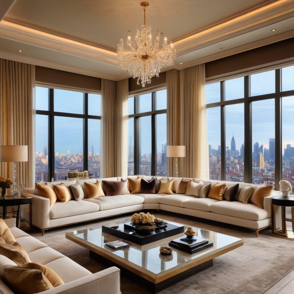 A lavish living room with a sleek, ultra-modern luxury television as the centerpiece, surrounded by plush furniture and elegant decor. Showcase opulent lighting and a dramatic view of a city skyline through large windows, hinting at exclusive entertainment options. Include subtle elements of sophistication like champagne glasses and stylish artifacts. super-realistic. vibrant colors. elegant ambiance.