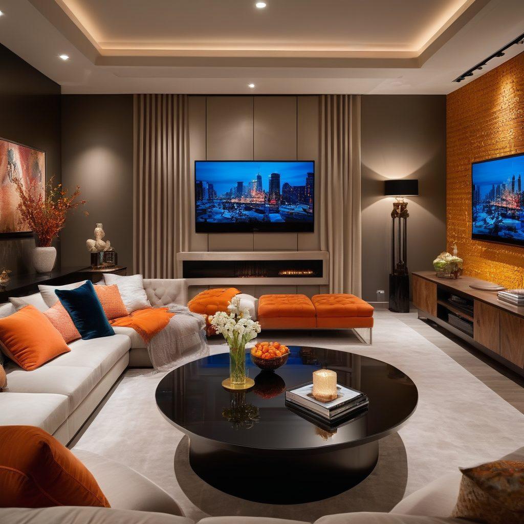 A luxurious living room with an ultra-modern television showcasing a vibrant scene from a high-end TV show. Plush seating, ambient lighting, and a stylish coffee table filled with popcorn and drinks create an inviting atmosphere. Wall decor featuring movie memorabilia adds character to the space. The overall ambiance should evoke exclusivity and comfort. super-realistic. vibrant colors. luxurious style.