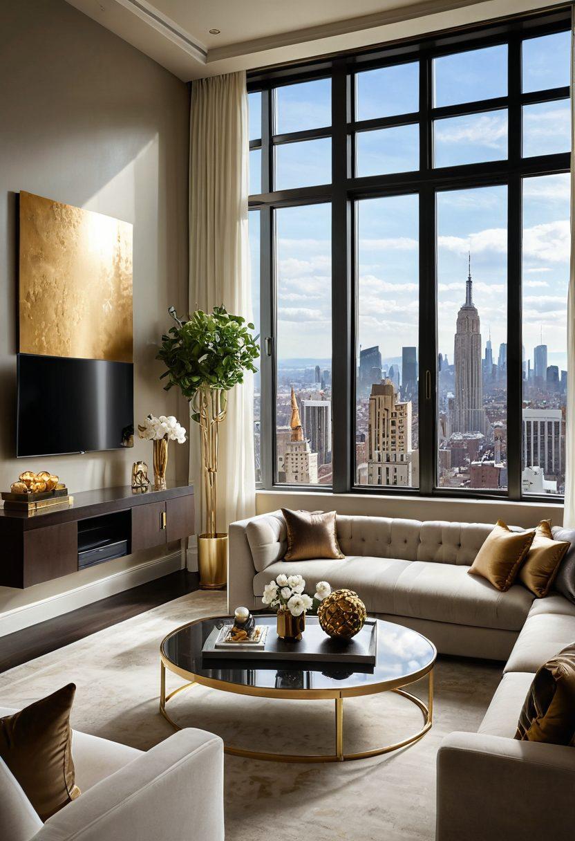 A lavish living room with plush furnishings, gold accents, and large windows showcasing a city skyline. A sleek flat-screen TV displaying luxury lifestyle programming, surrounded by delicate decor items like fresh flowers and artistic sculptures. A glass of champagne sits elegantly on a designer coffee table. Soft, ambient lighting creates a warm, inviting atmosphere. super-realistic. vibrant colors. contemporary style.